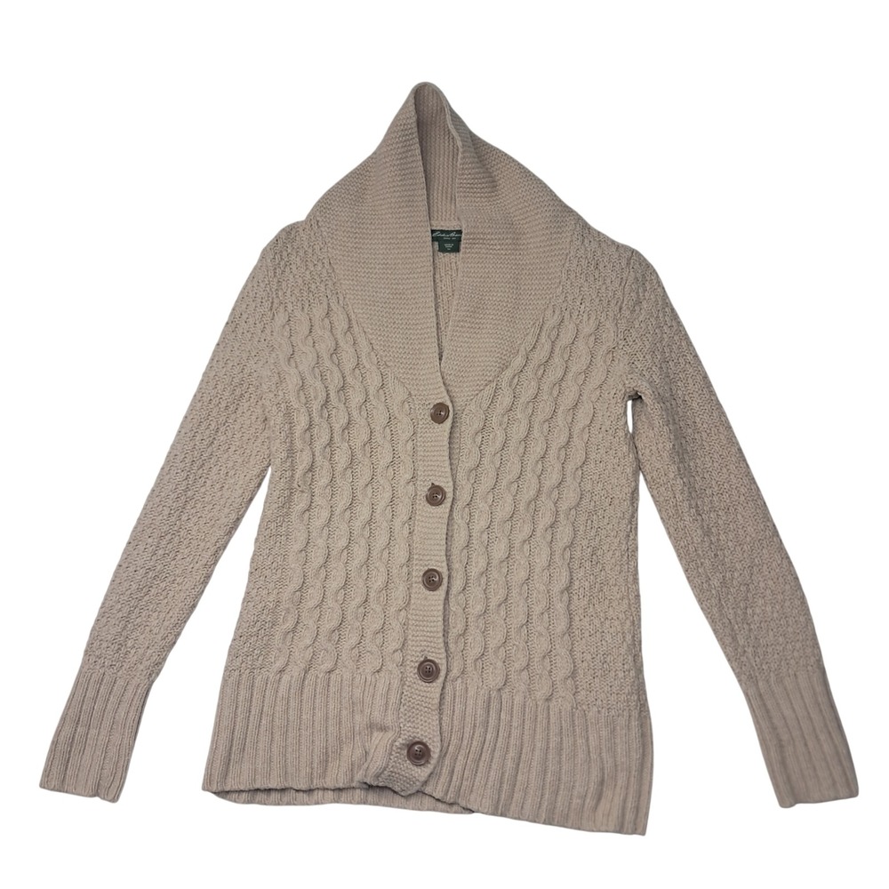 Eddie Bauer Sweater Cardigan Women's Medium Tan Lambswool Fisherman Preppy Shawl